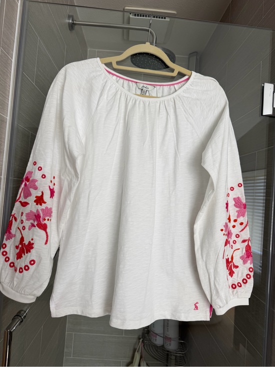 Joules Tops - Joules White Peasant Blouse with Pink & Red Floral Sleeve Embroidery